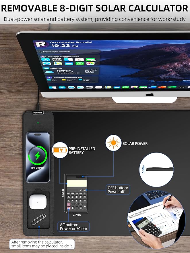 TopMade Mouse Pad with 15W Wireless Charging, Removable 8-Digit Solar Calculator, Exact Large Desk Pad, Waterproof Mousepad Home Office Desk Mat (Includes 20W PD Power Adapter & 6.56ft Woven Cable)