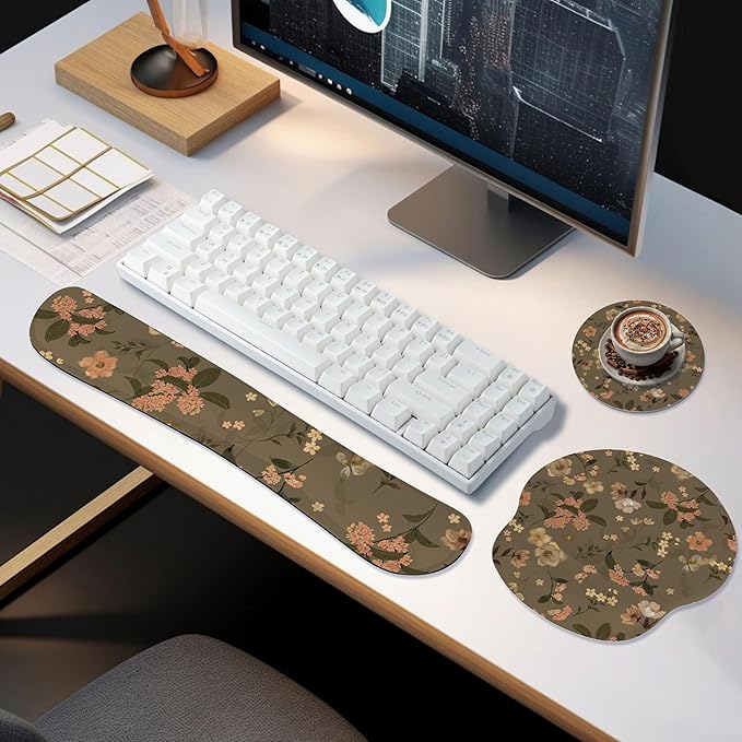 Ergonomic Keyboard Mouse Pad Wrist Rest Support Set for Laptop/Computer/Desktop,Memory Foam Hand Rest Wrist Cushion for Gaming/Office,Lightweight Comfortable (Flowers)
