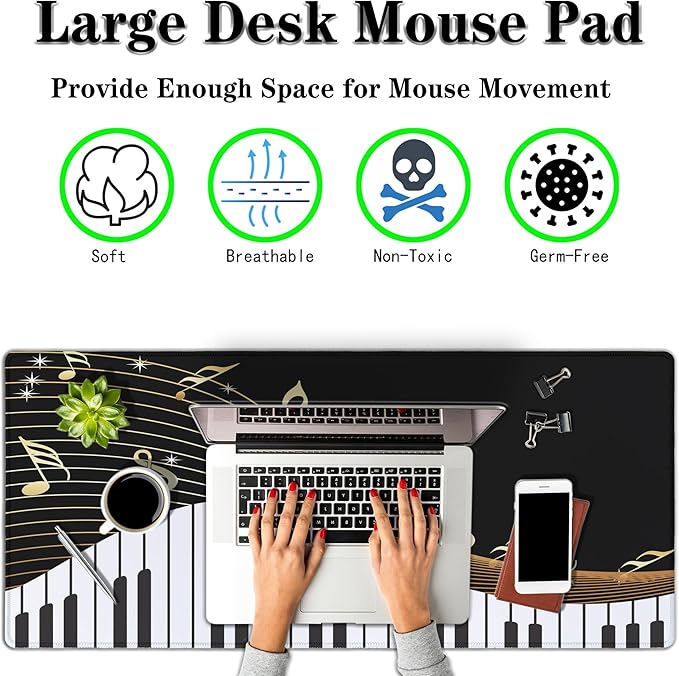 Large Mousepad Music Notes Keyboard Pad Large Gaming Mouse Pads XXL Mouse Pad Gaming Non-Slip Rubber Base 35.4 X 15.7 for Game Office, Black Piano Musical Instrument and Notes