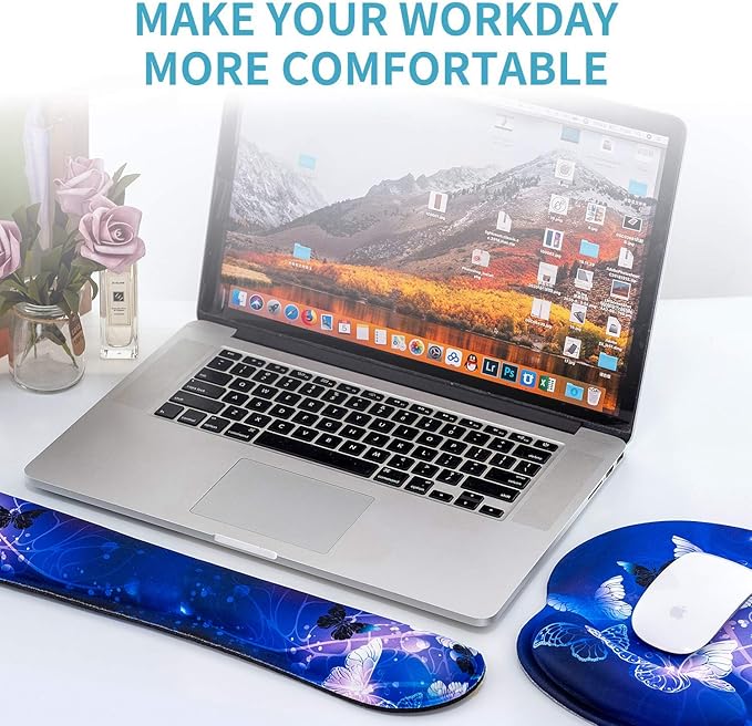 RICHEN Keyboard Wrist Rest and Mouse Pad with Wrist Support, Memory Foam Set for Gaming and Office, Comfortable & Lightweight for Easy Typing (White Butterflies)