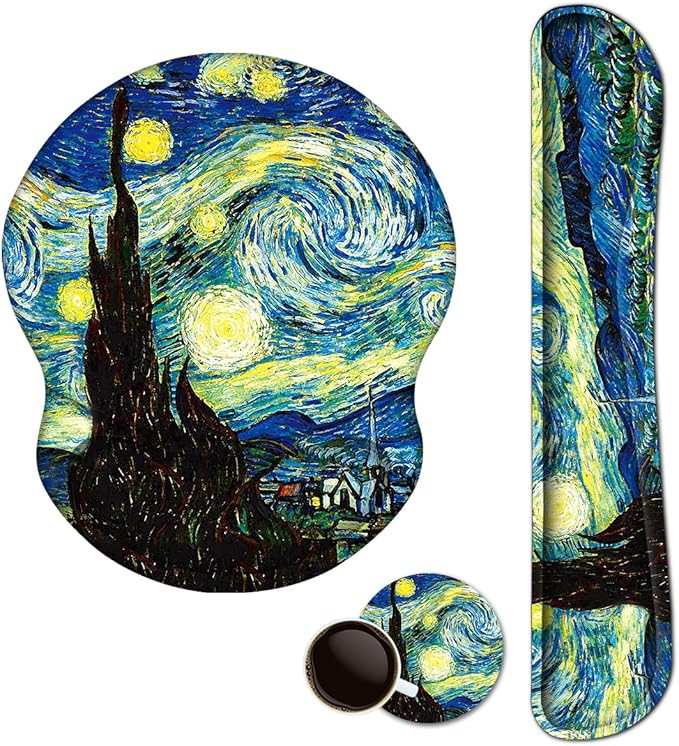 ARTSO Ergonomic Mouse Pad with Wrist Rest, Comfortable Keyboard Wrist Rest, Memory Foam Mousepad for Computer Keyboard, Mouse Pad Set for Easy Typing & Comfort, Starry Sky Oil Painting