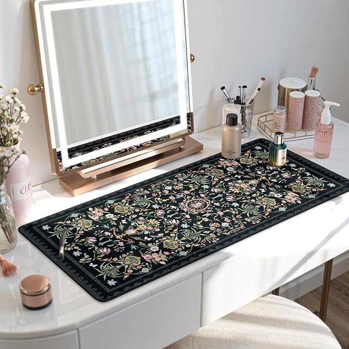 HAOCOO Elegant Floral Desk Mat, Vintage Aesthetic Mouse Pad Black, Flower Plant Extended Desk Cover Mat, 35.4" x 15.7" Non-Slip Computer Pad, Waterproof Desktop Protector for Office, Home, School