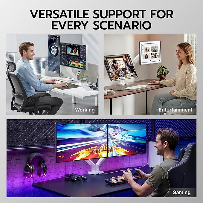 ARES WING Dual Monitor Mount, Heavy Duty Monitor Arms for 2 Monitors for 17-35 Inch, Fully Adjustable Monitor Desk Stand with USB A/C for Ultrawide Screen, VESA 75x75 or 100x100mm, White