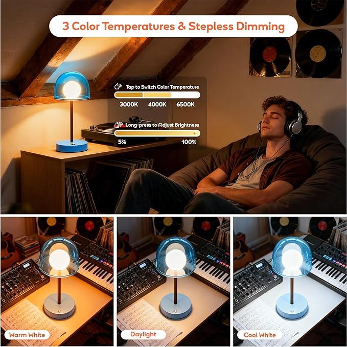 Small Lamp Battery Operated, Bathroom Shower Lamp IP44, Cordless Blue Light Desk Dimmable, Rechargeable Lamp Mushroom, Boy Cool Desk Lamp for Nightstand Nursery, 7.7" W x 10.6" H (Sky Blue)