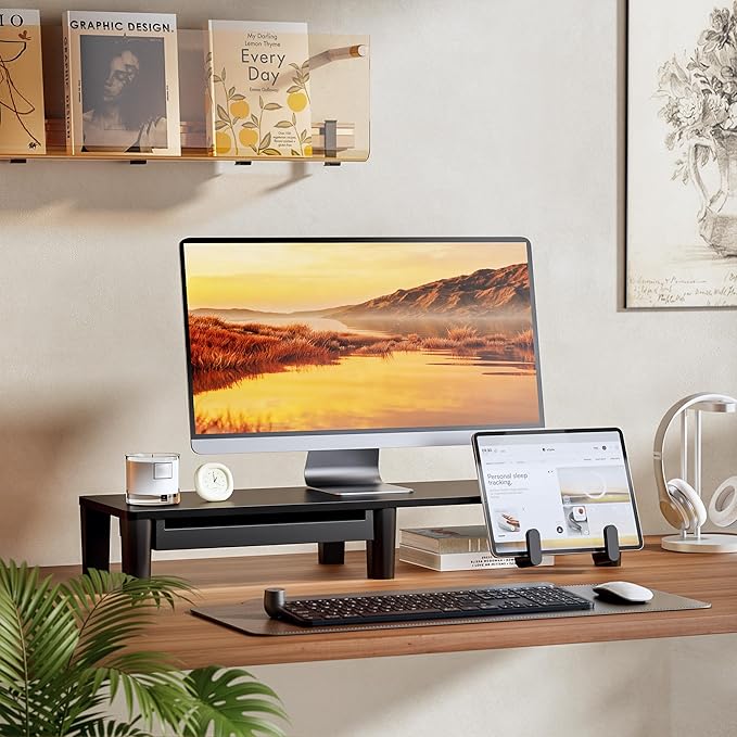 Monitor Stand Riser for Desk, Ergonomic Computer Riser with Storage Drawer, Desktop Shelf Organizer for PC, Laptop, Desk Computer Riser For Home Office