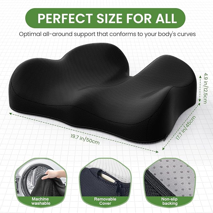 A-Pce Seat Cushion-Large Memory Foam Cushion for Office Chair-Sciatica & Lower Back & Coccyx Pain Relief-Coccyx Cushion for Car&Long Sitting at Work,Black