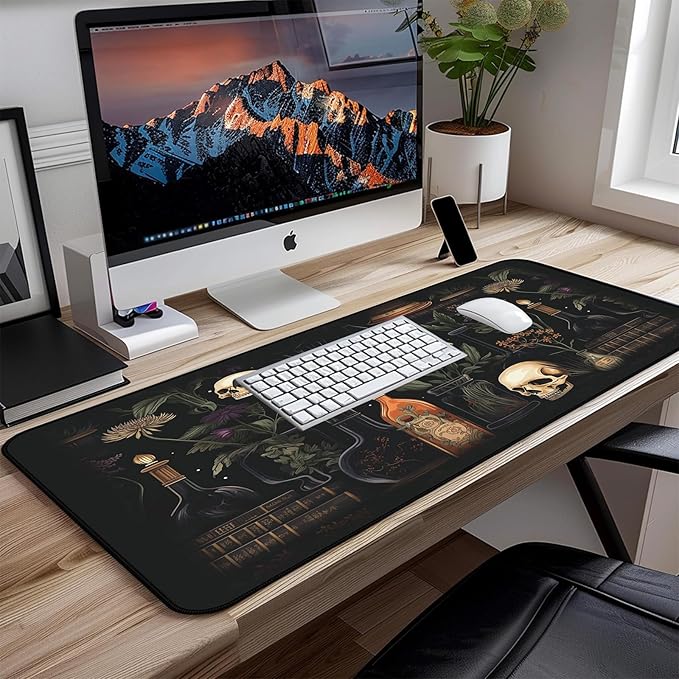 Retro Skull Large Mouse Pad, Gothic Desk Pad XXL, Office Desk Plant Desktop Cover Pad, Expanded Large Laptop Keyboard Pad, Dark Academic Gaming Table Decoration Accessories 31.5"X15.7"