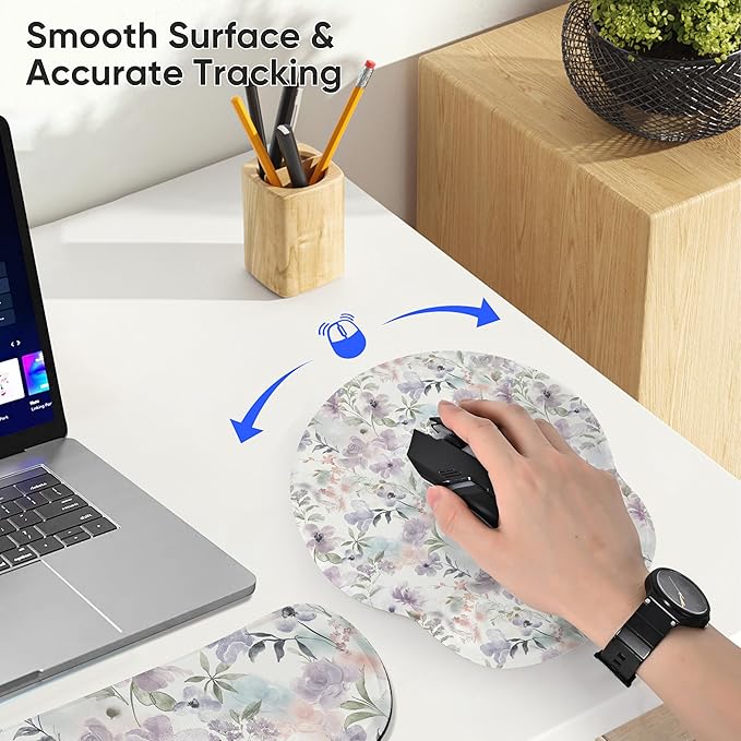Ergonomic Keyboard Mouse Pad Wrist Rest Support Set for Laptop/Computer/Desktop,Memory Foam Hand Rest Wrist Cushion for Gaming/Office,Lightweight Comfortable (Purple Flowers)