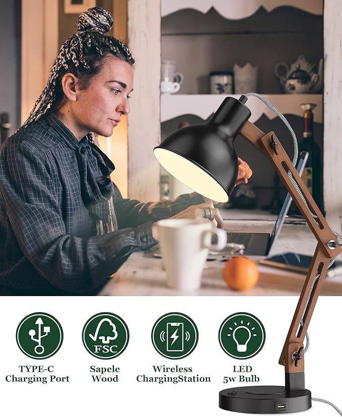 ELYONA Modern LED Desk Lamp with Upgraded Wireless Charger & USB C Charging Port Sapele Wood Table Lamp Swing Arm Bedside Reading Task Light for Dorm Office Bedroom Living Room Bulb Included Black