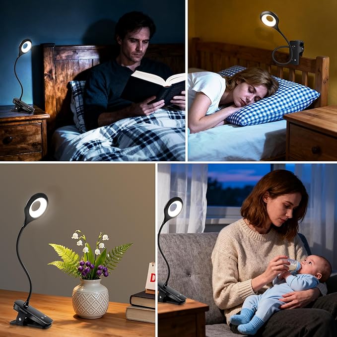 Desk Lamp LED Clip on Light, 5 Modes 5 Brightness Dimmable Clamp Light, Rechargeable Battery Flexible Clip on Reading Lamp for Bed Headboard Bunk Bed at Night for Kids (Black)