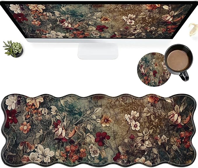 Dark Art Flowers Large Gaming Mouse Pad Plus a Coaster, 31.5 x 11.8 inches Desk Mat Extended XL Mousepad with Stitched Edge Non-Slip Rubber, Desk Pad Computer Mouse Mat for Home Office