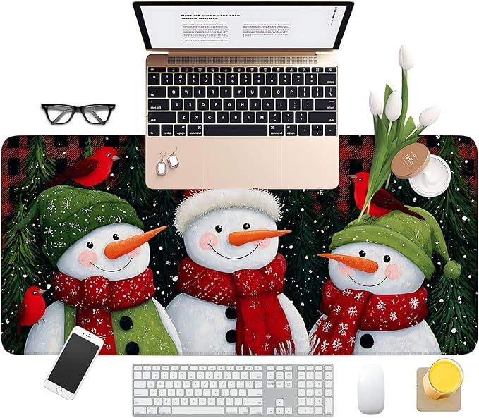 Three Snowmen Extended Gaming Mouse Pad 35.4x15.7Inch Large Desk Mat Anti-Slip Rubber Base & Durable Stitched Edges for Gamers Smooth Mouse Writing Surface for Desk Office/Home