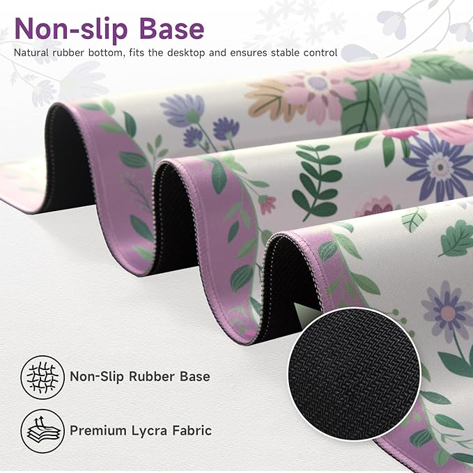 HAOCOO Purple Floral Desk Mat for Keyboard and Mouse, Non-Slip Large Mouse Pad with Stitched Edges, Computer Mats for Desk, Waterproof Keyboard Mat Protector for Woman, Office Present