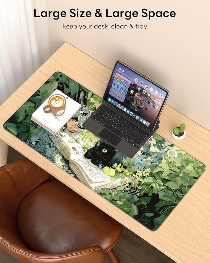 XL Gaming Mouse Pad, 31.5x15.7'' Large Desk Mat with Anti-Slip Rubber Base & Stitched Edges for Gaming, Office, Home, Reading Cat