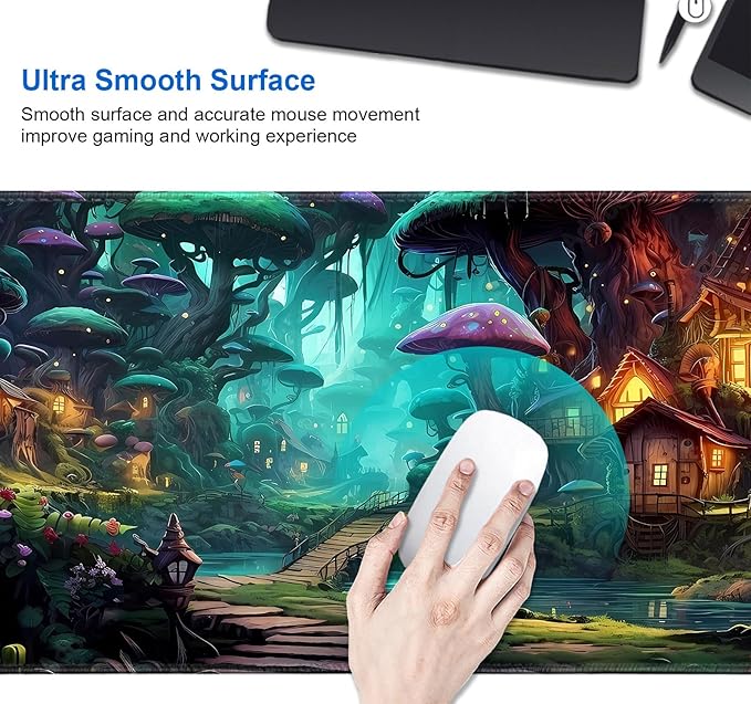 IMAYONDIA Mushroom Anime Desk Mat (35.4x15.7 in), Fairy Forest Large Gaming Mouse Pad for Laptop Computer, Tabletop Magic Desktop Mat, Fantasy Art Play Mats, Mousepad Extra Large