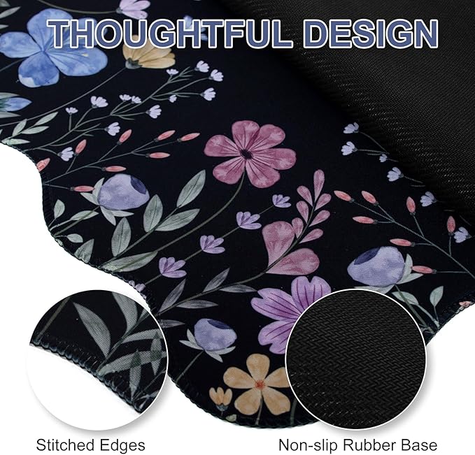 L-SPOUTTO Floral Mouse Pad,Botanical Desk Mat XXL Large Scalloped Black Gaming Mousepad,35.4x15.7in Non-Slip Rubber Base Keyboard Pad Waterproof Desktop Mat for Laptop Computer Game Home Office-Flower
