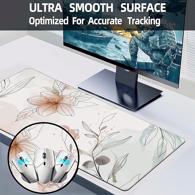 Desk Mat, Abstract Boho Flowers Extended Large Gaming Mouse Pad XXL, Non-Slip Rubber Base Stitched Edges Long Computer Keyboard Desk Pad Mouse Mat for Home Office Gaming 35.4"X15.7"