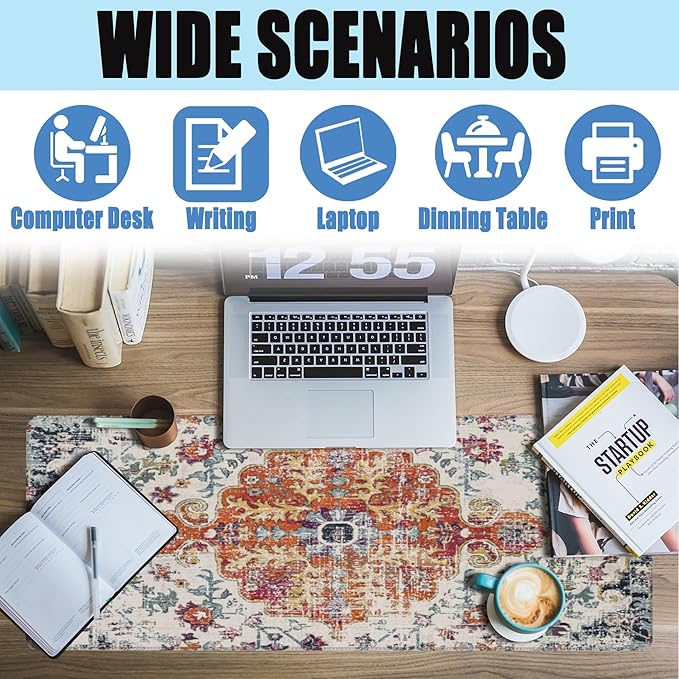 Large Gaming Mouse Pad for Desk,Boho Carpet Style Desk Mat for Desktop,Boho Rug Desk Pad, Extended Big Computer Keyboard Mouse Pad with Non-Slip Base and Stitched Edges 31.5"x11.8"