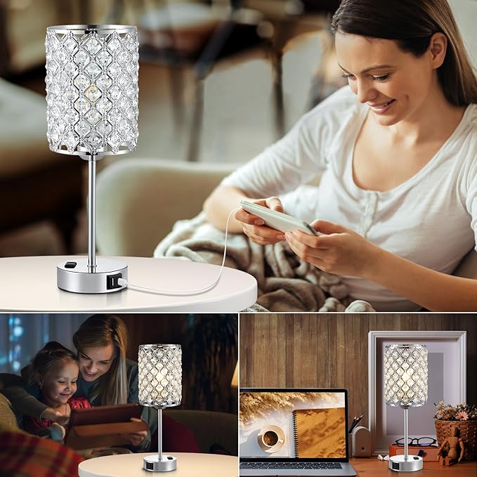 Table Lamps for Bedroom Set of 2-Crystal Table Lamp with USB C+A Ports & AC Outlet Sliver Nightstand Touch Lamp with 3-Way Dimmable Bedside Side Desk Lamp for Living/Bedroom (LED Bulb Included)