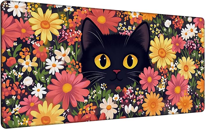 Large Mouse Pad 35.4x15.7 Inch Black Cat in Flowers Gaming Desk Mat with Non-Slip Rubber Base, Stitched Edges for Gaming,Office