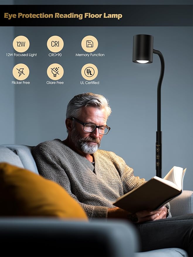 Reading Floor Lamp, 62" Tall LED Floor Lamp, Dimmable Standing Lamp, 7 Brightness & 4 Color Temperature, Adjustable Gooseneck, Touch Control, Task Craft Light for Living Room Bedroom Office,Black