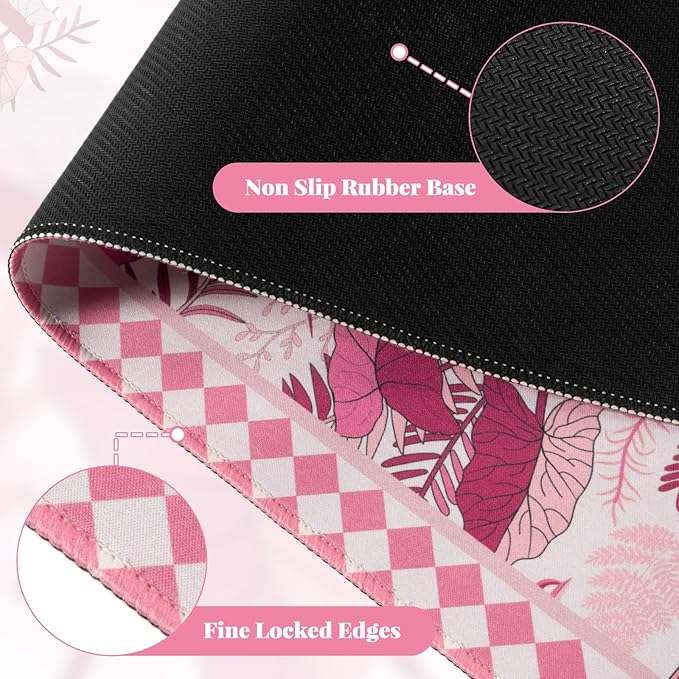 Large Mouse Pad for Desktop, Cute Desk Mat Pad Protector for Work & Gaming, Aesthetic Pretty Anti-Slip Laptop Blotter Cover for Office School Home Supplies, Pink Leaves, 35.4" x 15.7"