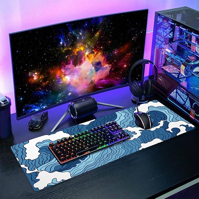 Japanese Blue and White Wave Gaming Mouse Pad XL Anime Sea Texture Extended Large Desk Mat Big Mousepad Non-Slip Rubber Base Stitched Edge Long Desk Pad for Desktop PC Computer Gamer,31.5×11.8 Inch