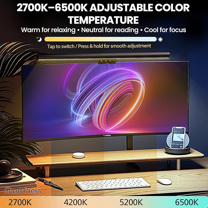 Monitor Light Bar 19.7”, No-Glare Asymmetric Screen Lamp, Auto-Dimming, CRI Ra97, 2700K–6500K & Stepless Dimming, Touch Control, Includes 5V/2A Adapter, Fits 0.2–1.1” Monitors (Not for Laptops)