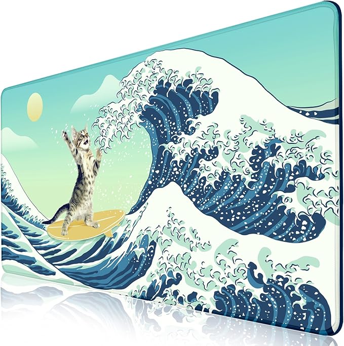 Funny Cat Desk Mat, Desk Matt for Desktop, Surfer Cat DeskPad Mat, XXL Large Mouse Pad for Desks, Anti-Slip Big Mousepad with Stitched Edges, Keyboard Mats for Computer, Work, Office, Game, Home