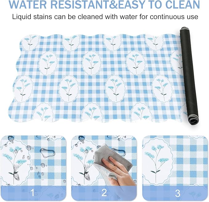 L-SPOUTTO Blue Mouse Pad,Checkered Floral Desk Mat XXL Large Scalloped Gaming Mousepad,35.4x15.7in Non-Slip Rubber Base Keyboard Pad Desktop Mat for Laptop Computer Game Home Office-Checkered Flowers