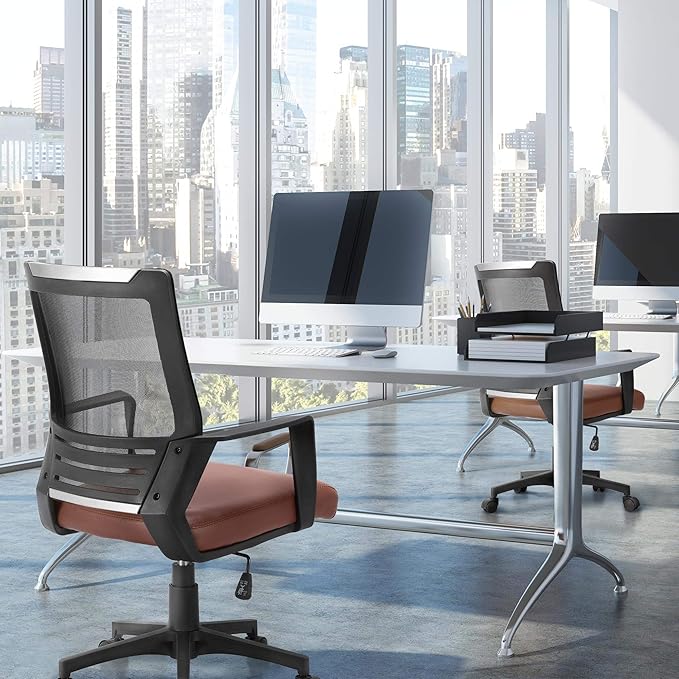 Yaheetech Mid Back Mesh Office Chair with Leather Seat Executive Office Computer Task Chair with Armrests and Lumbar Support, Brown