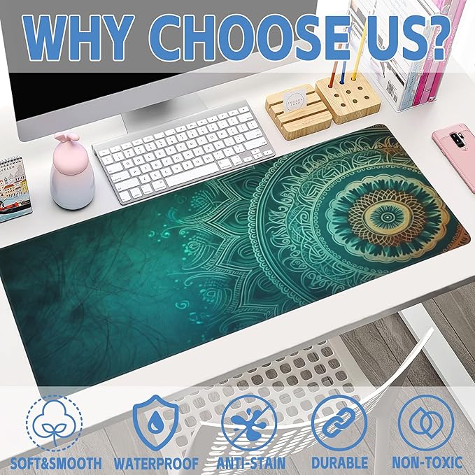 Large Gaming Mouse Pad for Desk,Retro Mandala Flower Desk Mat for Desktop,Mandala Floral Desk Pad, Extended Big Computer Keyboard Mouse Pad with Non-Slip Base and Stitched Edge 31.5"x11.8"