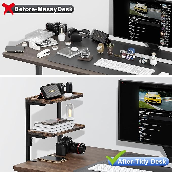 Spacrea clamp on Desk Shelf, 2 Tier Office Desk Shelves Organizer, Wood Desktop Supplies Storage Rack, Desk Organizers and Accessories (Wood)