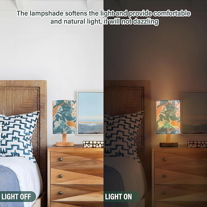Luck Fish LED Table Lamp, Bedside Lamp with Linen Lampshade, Flicker-Free Eye Care USB Plug in Nightstand Lamp, for Bedroom and Office