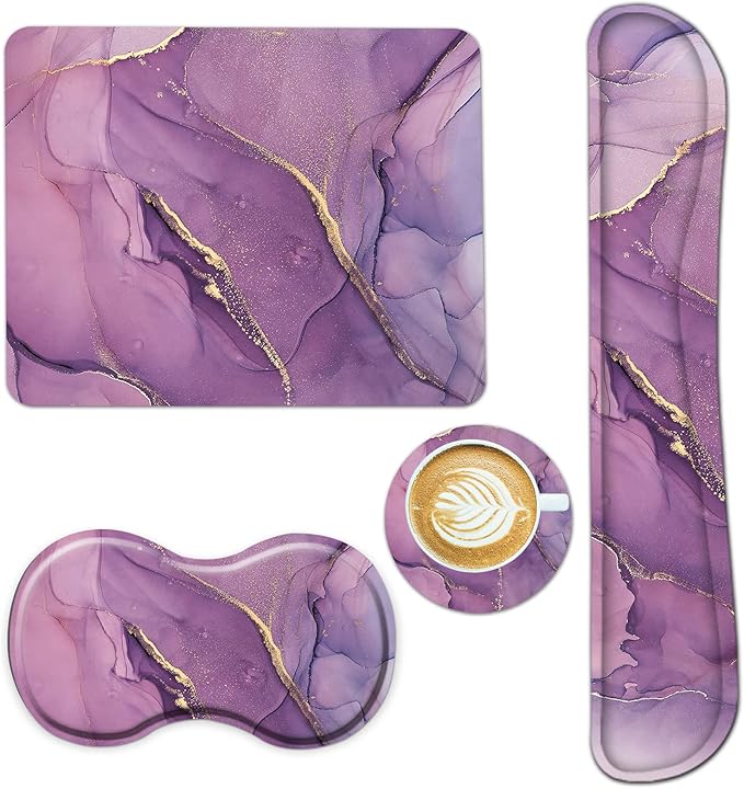 AIMSA Keyboard Wrist Rest Support + Mouse Pad + Mouse Wrist Rest + Coaster, Ergonomic Memory Foam Anti-Slip Rubber Base 4 PCS Set Easy Typing Pain Relief, Purple Marble