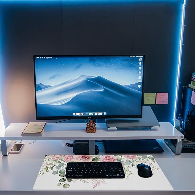 Desk Mat,Peony Flowers and Eucalyptus Leaves Large Gaming Mouse Pad for Desk XL,Pink Floral Desk Pad,Extended Big Computer Keyboard Mouse Pad with Non-Slip Base Stitched Edges 31.5"x11.8"