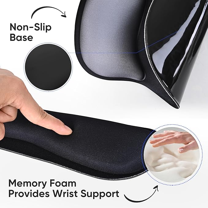 Wrist Rest Support for Mouse Pad Keyboard Set Circle Coaster Gaming Mouse Pad Ergonomic Gel Memory Foam Set for Computer, Laptop, Office, Comfortably Typing Black KM-33