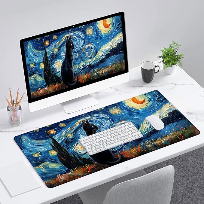 Starry Sky Black Cat Gaming Mouse Pad Starry Night Cute Cartoon Extended Gaming Mouse Pad Mat with Stitched Edge Non-Slip Base Big Mouse Pad 31.5"x11.8" Office Computer Keyboard Laptop Home