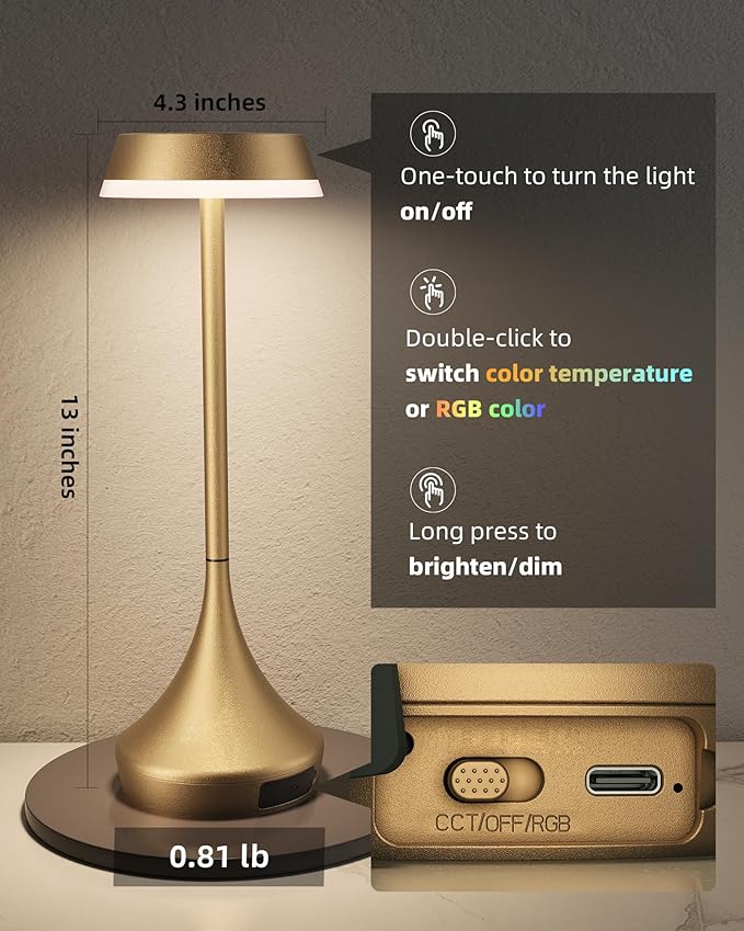 Cordless Lamp, 6000mAh, Outdoor Waterproof, Touch Control, Dimmable, 3 Color Temperature, RGB, LED Memory Function, Portable Battery Operated, Rechargeable Table Lamp Patio Dinning Restaurant Kitchen