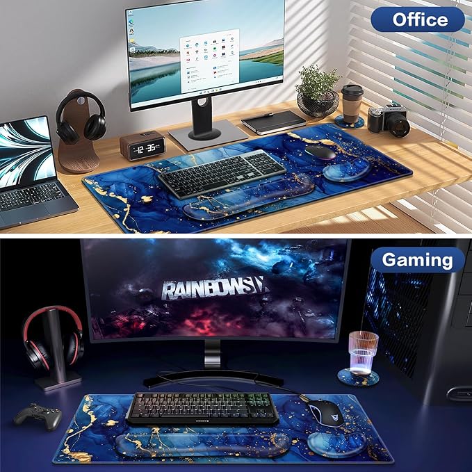 Desk Mat Blue, Large Gaming Mouse Pad with Wrist Rest, 4in1 XXL Mousepad+Keyboard Wrist Rest+Mouse Pad Wrist Support+Cup Coaster Set Ergonomic Computer Desk Arm Wrist for Decor Home Office Women
