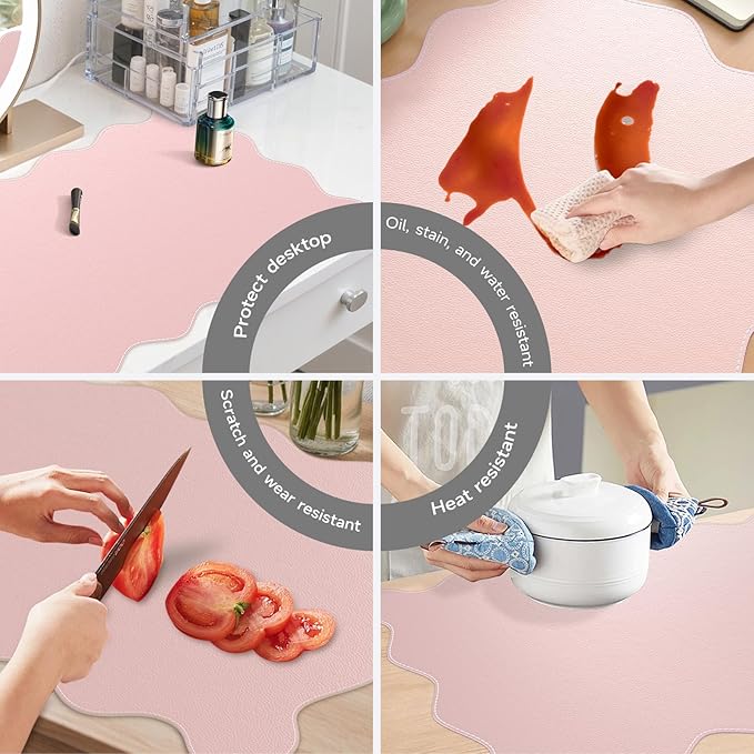 iCasso Leather Desk Pad Pink,Extra Large Mouse Pad for Desktop,Waterproof PU Nail Table Mat,Cute Scalloped Keyboard Mats for Women Girl,Non-Slip Desk Cover Mat for Office Home Dorm