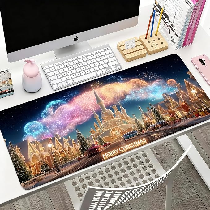 Desk Mat, XXL Extended Gaming Pad for Desktop, 35x16 Inches Magical Castle Fairytale Scene, Large Non-Slip Vegan Leather Keyboard Mouse Mat for Home Office