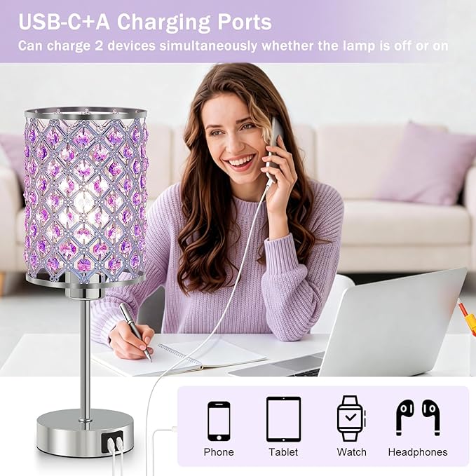 GyroVu Purple Crystal Table Lamp with USB C+A Ports, Dimmable Touch Control Bedside Lamp with LED Bulb, Small Night Light for Bedroom, Living Room, Girls Room, Office