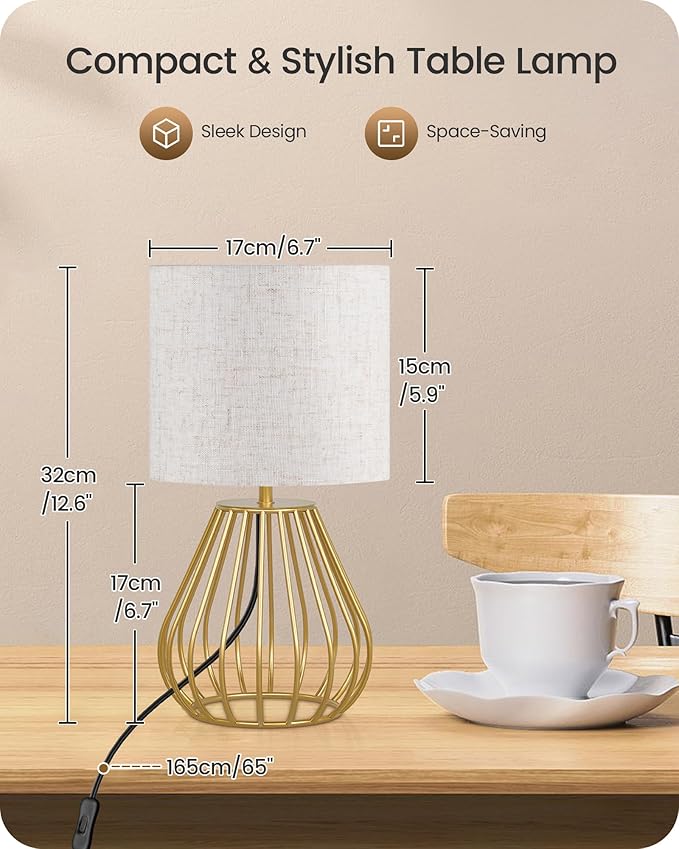 Gold Table Lamp, 12.6'' Small Table Lamp with Beige Linen Lampshade & Gold Cage Base, Modern Little Cute Desk Lamp, Bedside Lamp for Bedroom, Living Room, 2700K LED Bulb Included, DE06TL05