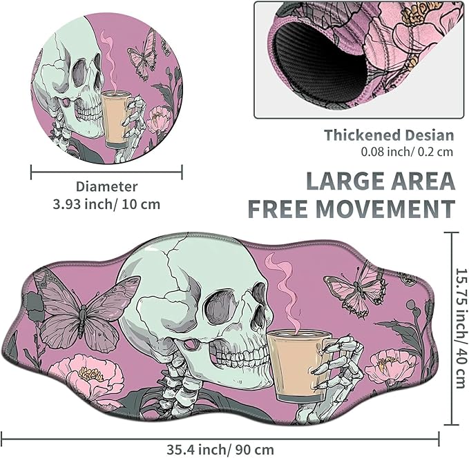 Skull Coffee Pink Large Gaming Mouse Pad Plus a Coaster, 35.4 x 15.7 inches Desk Mat Extended XXL Mousepad with Stitched Edge Non-Slip Rubber, Desk Pad Computer Mouse Mat for Home Office