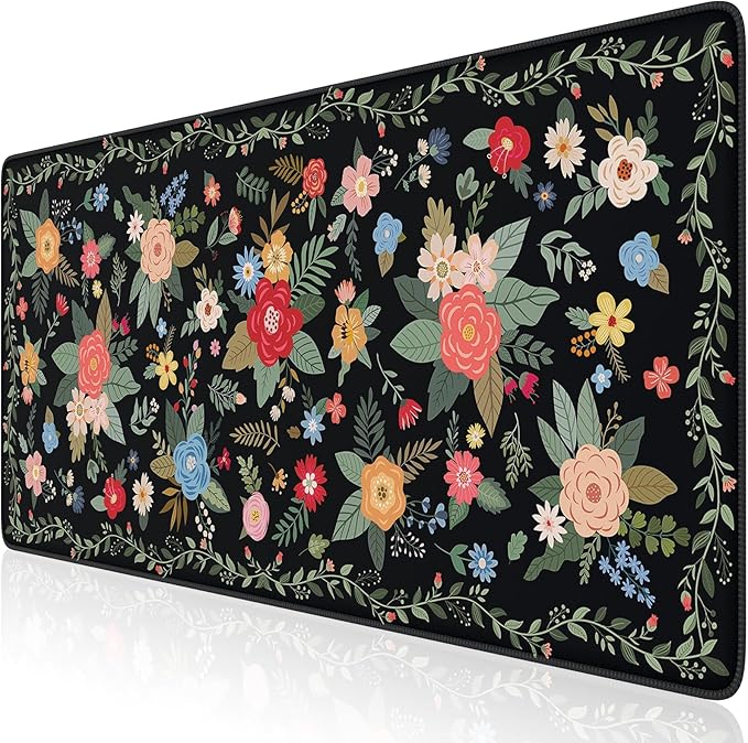 iCasso Floral Desk Mat for Keyboard and Mouse,Cute Gaming Mouse Pad XXL,Anti-Slip Desk Matt for Desktop,Soft Lycra Surface Computer Mat Women,Girly Big Mousepad for Home Office (Black Floral)