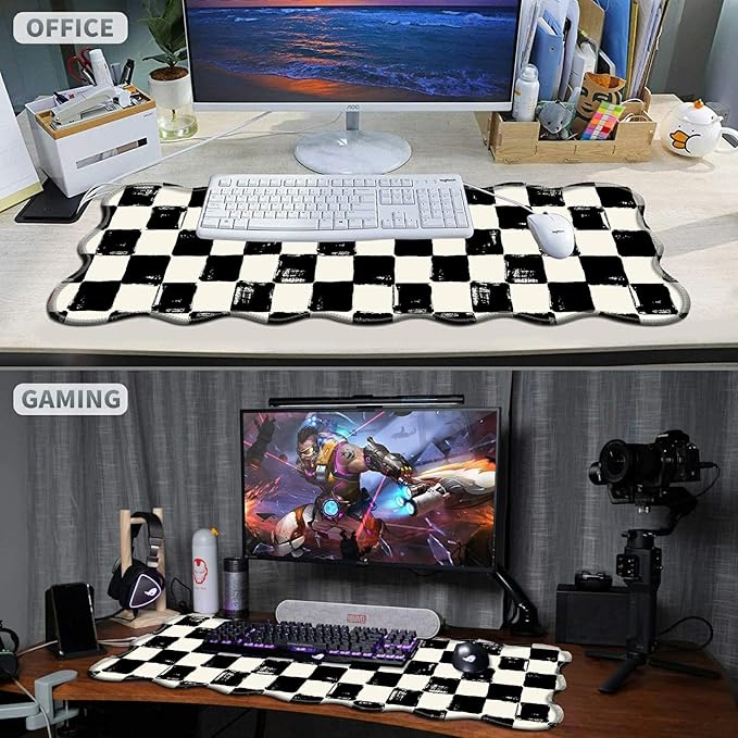 Black White Checkered Large Gaming Mouse Pad Plus a Coaster, 31.5 x 11.8 inches Desk Mat Extended XL Mousepad with Stitched Edge Non-Slip Rubber, Desk Pad Computer Mouse Mat for Home Office