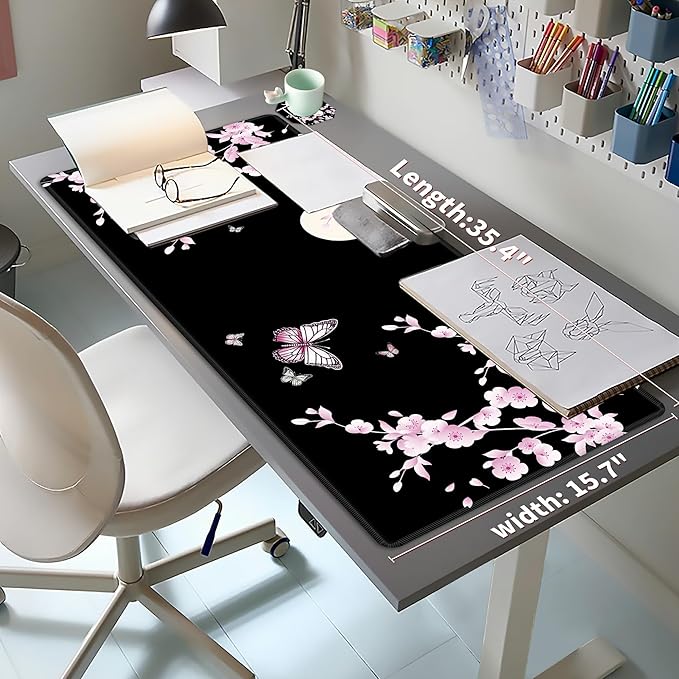 Japanese Sakura Cherry Blossom Pink Black Mouse Pad Large with Coaster, 35.4"x15.7" Full Desk Mousepad Stitched Edges Non Slip Base Desk Pad Extended Large Gaming XXL Mouse Pad for Desk Office Home