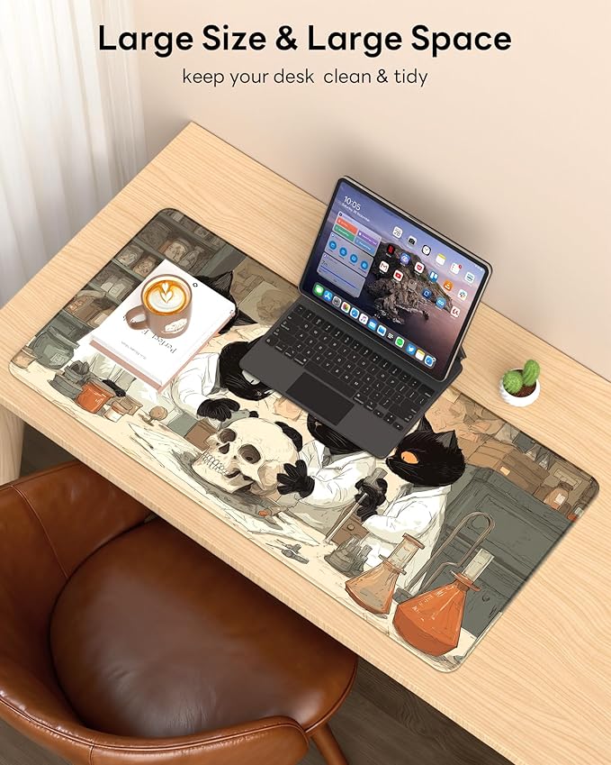 XL Gaming Mouse Pad, 31.5x15.7'' Large Desk Mat with Anti-Slip Rubber Base & Stitched Edges for Gaming, Office, Home, Professor Cat