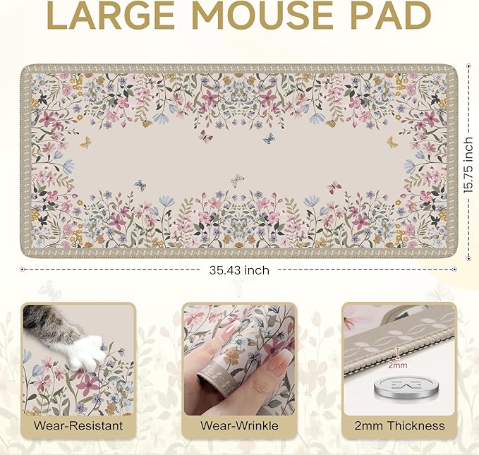 iCasso Floral Desk Mat for Keyboard and Mouse,Cute Gaming Mouse Pad XXL,Anti-Slip Desk Matt for Desktop,Soft Lycra Surface Computer Mat Women,Girly Big Mousepad for Home Office (Beige)